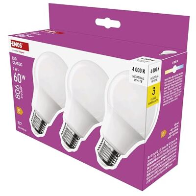EMOS LED Lampe A60-Birne 3er Pack, 7W Ersatz für 60W Glühbirne, klassische Birne mit E27 Sockel, Helligkeit 806 lm, Neutralweiß 4000 K, 30000 h Lebensdauer, CRI min. 80, 180° Abstrahlwinkel EMOS LED Lampe A60-Birne 3er Pack, 7W Ersatz für 60W Glühbirne, klassische Birne mit E27 Sockel, Helligkeit 806 lm, Neutralweiß 4000 K, 30000 h Lebensdauer, CRI min. 80, 180° Abstrahlwinkel