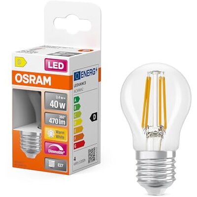 Osram LED Retrofit CLASSIC P DIM in P-Form, LED-Lampe, Glas, klar, 3,4 W, 470 lm, 2700 K, Dimmbar, CRI 80 Osram LED Retrofit CLASSIC P DIM in P-Form, LED-Lampe, Glas, klar, 3,4 W, 470 lm, 2700 K, Dimmbar, CRI 80