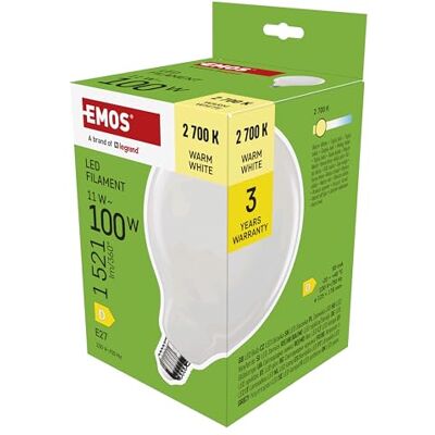 EMOS LED Lampe Edison G125, 11W Ersatz für 100W Glühbirne, milchige Glühlampe Globus mit E27 Sockel und Helligkeit 1521 lm, Warmweiß 2700 K, 25000 Stunden Lebensdauer, CRI > 80, 360° Abstrahlwinkel EMOS LED Lampe Edison G125, 11W Ersatz für 100W Glühbirne, milchige Glühlampe Globus mit E27 Sockel und Helligkeit 1521 lm, Warmweiß 2700 K, 25000 Stunden Lebensdauer, CRI > 80, 360° Abstrahlwinkel
