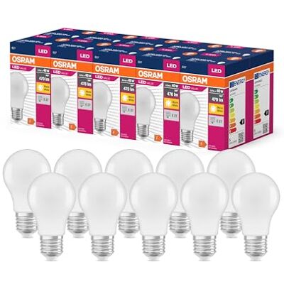 Osram LED Star Value Classic A40 LED Lampe für E27 Sockel, Birnenform, FR, 470 Lumen, warmweiß (2700K), Ersatz für herkömmliche 40W Glühbirnen, Nicht dimmbar, 10er-Pack Osram LED Star Value Classic A40 LED Lampe für E27 Sockel, Birnenform, FR, 470 Lumen, warmweiß (2700K), Ersatz für herkömmliche 40W Glühbirnen, Nicht dimmbar, 10er-Pack