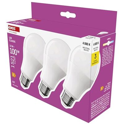 EMOS LED Lampe A60-Birne 3er Pack, 13W Ersatz für 100W Glühbirne, klassische Birne mit E27 Sockel, Helligkeit 1521 lm, Neutralweiß 4000 K, 30000 h Lebensdauer, CRI min. 80, 180° Abstrahlwinkel EMOS LED Lampe A60-Birne 3er Pack, 13W Ersatz für 100W Glühbirne, klassische Birne mit E27 Sockel, Helligkeit 1521 lm, Neutralweiß 4000 K, 30000 h Lebensdauer, CRI min. 80, 180° Abstrahlwinkel