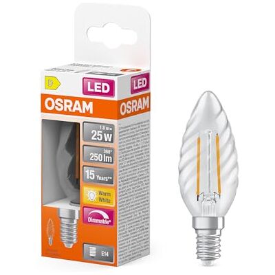 Osram LED Superstar Classic Lampe mit Filament in klassischer gedrehter Minikerzenform, klares bleifreies Glas, 1.8 W, 250 lm, warmweißes Licht (2700 K), E 14 Sockel, 35 mm Durchmesser, IP20, dimmbar Osram LED Superstar Classic Lampe mit Filament in klassischer gedrehter Minikerzenform, klares bleifreies Glas, 1.8 W, 250 lm, warmweißes Licht (2700 K), E 14 Sockel, 35 mm Durchmesser, IP20, dimmbar