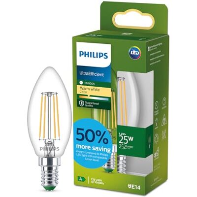 Philips LED UltraEfficient Clear B35 Kerzenlampe mit Glühfaden, E14-Kleiner-Edison-Sockel, Energieklasse A, 252 lm, entspricht 25 W, Warmweiß (2700 K), EyeComfort, 50.000 Stunden, 1 Packung Philips LED UltraEfficient Clear B35 Kerzenlampe mit Glühfaden, E14-Kleiner-Edison-Sockel, Energieklasse A, 252 lm, entspricht 25 W, Warmweiß (2700 K), EyeComfort, 50.000 Stunden, 1 Packung