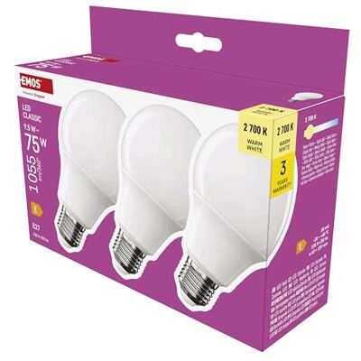 EMOS LED Lampe A60-Birne 3er Pack, 9,5W Ersatz für 75W Glühbirne, klassische Birne mit E27 Sockel, Helligkeit 1055 lm, Warmweiß 2700 K, 30000 h Lebensdauer, CRI min. 80, 180° Abstrahlwinkel EMOS LED Lampe A60-Birne 3er Pack, 9,5W Ersatz für 75W Glühbirne, klassische Birne mit E27 Sockel, Helligkeit 1055 lm, Warmweiß 2700 K, 30000 h Lebensdauer, CRI min. 80, 180° Abstrahlwinkel