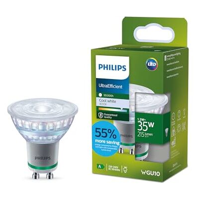 Philips UltraEfficient LED GU10 Spotlampe, 35W, EyeComfort, flimmerfrei, Kaltweißes Licht 4000K, 215 Lumen, GU10 Sockel, 1er Pack Philips UltraEfficient LED GU10 Spotlampe, 35W, EyeComfort, flimmerfrei, Kaltweißes Licht 4000K, 215 Lumen, GU10 Sockel, 1er Pack