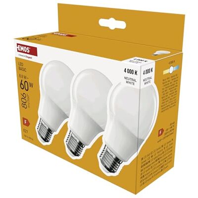 EMOS LED-Lampe BASIC A60, 3er Pack E27 Sockel Neutralweiß 806 lm 8,8W (Ersatz für 60W Glühbirne) Lebensdauer 20 000 Stunden Abstrahlwinkel 200° CRI min. 80 EMOS LED-Lampe BASIC A60, 3er Pack E27 Sockel Neutralweiß 806 lm 8,8W (Ersatz für 60W Glühbirne) Lebensdauer 20 000 Stunden Abstrahlwinkel 200° CRI min. 80