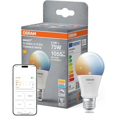 Osram SMART+ LED-Lampe A75 Kolbenform E27 Tunable White, dimmbar, steuerbar per App und Sprache, Matter-fähig, 9,5W, 2700-6500K, WiFi Osram SMART+ LED-Lampe A75 Kolbenform E27 Tunable White, dimmbar, steuerbar per App und Sprache, Matter-fähig, 9,5W, 2700-6500K, WiFi