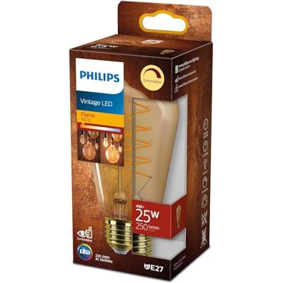 Philips LED Classic E27 Vintage Lampe, 25 W, Vintage Dekolampe, Tropfenform, dimmbar, klar, gold, flame Philips LED Classic E27 Vintage Lampe, 25 W, Vintage Dekolampe, Tropfenform, dimmbar, klar, gold, flame