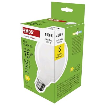 EMOS LED Lampe Edison G95, 7,8W Ersatz für 75W Glühbirne, milchige Glühlampe Globus mit E27 Sockel und Helligkeit 1055 lm, Neutralweiß 4000 K, 25000 Stunden Lebensdauer, CRI > 80, 360° Abstrahlwinkel EMOS LED Lampe Edison G95, 7,8W Ersatz für 75W Glühbirne, milchige Glühlampe Globus mit E27 Sockel und Helligkeit 1055 lm, Neutralweiß 4000 K, 25000 Stunden Lebensdauer, CRI > 80, 360° Abstrahlwinkel