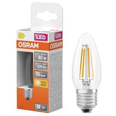 Osram LED-Lampe Star Kerzenform B40 Filament, 2700 K warmweiß, 3,4 W, E27, klar, 470 lm, 15.000h, für Kronleuchter, dekorative Einbauten Osram LED-Lampe Star Kerzenform B40 Filament, 2700 K warmweiß, 3,4 W, E27, klar, 470 lm, 15.000h, für Kronleuchter, dekorative Einbauten