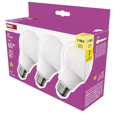 EMOS LED Lampe A60-Birne 3er Pack, 7W Ersatz für 60W Glühbirne, klassische Birne mit E27 Sockel, Helligkeit 806 lm, Warmweiß 2700 K, 30000 h Lebensdauer, CRI min. 80, 180° Abstrahlwinkel EMOS LED Lampe A60-Birne 3er Pack, 7W Ersatz für 60W Glühbirne, klassische Birne mit E27 Sockel, Helligkeit 806 lm, Warmweiß 2700 K, 30000 h Lebensdauer, CRI min. 80, 180° Abstrahlwinkel