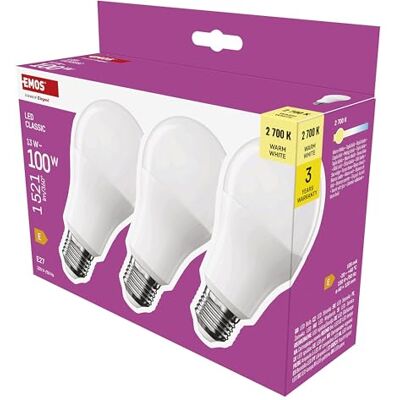 EMOS LED Lampe A60-Birne 3er Pack, 13W Ersatz für 100W Glühbirne, klassische Birne mit E27 Sockel, Helligkeit 1521 lm, Warmweiß 2700 K, 30000 h Lebensdauer, CRI min. 80, 180° Abstrahlwinkel EMOS LED Lampe A60-Birne 3er Pack, 13W Ersatz für 100W Glühbirne, klassische Birne mit E27 Sockel, Helligkeit 1521 lm, Warmweiß 2700 K, 30000 h Lebensdauer, CRI min. 80, 180° Abstrahlwinkel