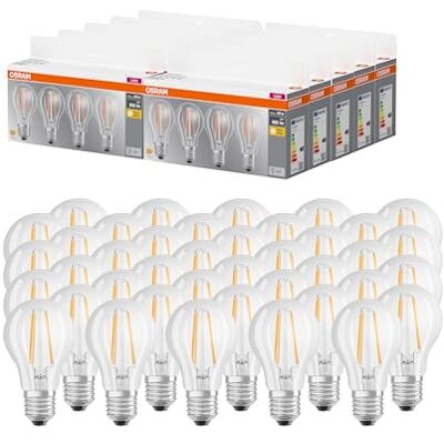 Osram LED Base A60, Vorteilspack mit 40 Leuchtmittel, ersetzt herkömmliche 60W Glühbirnen, 6.5W, warmweiß (2700K), Filament Glas, Nicht dimmbar, Birnenform, E27 Osram LED Base A60, Vorteilspack mit 40 Leuchtmittel, ersetzt herkömmliche 60W Glühbirnen, 6.5W, warmweiß (2700K), Filament Glas, Nicht dimmbar, Birnenform, E27