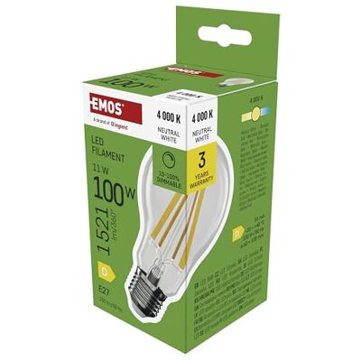 EMOS Dimmbare Edison LED Lampe Filament A60-11W, ersetzt 100W Glühbirne Vintage-Stil mit E27 Sockel Helligkeit 1521 lm, 4000 K 25000 h Lebensdauer, CRI 80, 320° Abstrahlwinkel Neutralweiß EMOS Dimmbare Edison LED Lampe Filament A60-11W, ersetzt 100W Glühbirne Vintage-Stil mit E27 Sockel Helligkeit 1521 lm, 4000 K 25000 h Lebensdauer, CRI 80, 320° Abstrahlwinkel Neutralweiß