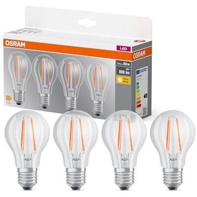 Osram LED BASE A60, Vorteilspack mit 4 Leuchtmittel, ersetzt herkömmliche 60W Glühbirnen, 6.5W, warmweiß (2700K), Filament Glas, nicht dimmbar, Birnenform, E27 Osram LED BASE A60, Vorteilspack mit 4 Leuchtmittel, ersetzt herkömmliche 60W Glühbirnen, 6.5W, warmweiß (2700K), Filament Glas, nicht dimmbar, Birnenform, E27