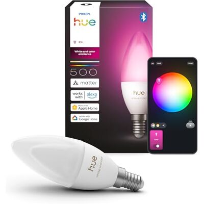 Philips Smart LED-Kerzenlampe, B39, E14, 1er Pack, White and Color Ambiance, Vollspektrumlicht 1.000 K–20.000 K, 500 lm, Extrem Niedrig Dimmbar, Chromasync, Alexa, Google Home, Apple Home Philips Smart LED-Kerzenlampe, B39, E14, 1er Pack, White and Color Ambiance, Vollspektrumlicht 1.000 K–20.000 K, 500 lm, Extrem Niedrig Dimmbar, Chromasync, Alexa, Google Home, Apple Home