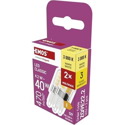 EMOS G9 LED Lampe CLASSIC, 2er Pack 4,2 Watt ersetzt 40 Watt Halogenlampe G9 Pin Lampe JC mit Helligkeit 470 Lumen Warmweiß 3000 Kelvin langlebig 30000 h 300° Abstrahlwinkel SMD LEDs EMOS G9 LED Lampe CLASSIC, 2er Pack 4,2 Watt ersetzt 40 Watt Halogenlampe G9 Pin Lampe JC mit Helligkeit 470 Lumen Warmweiß 3000 Kelvin langlebig 30000 h 300° Abstrahlwinkel SMD LEDs