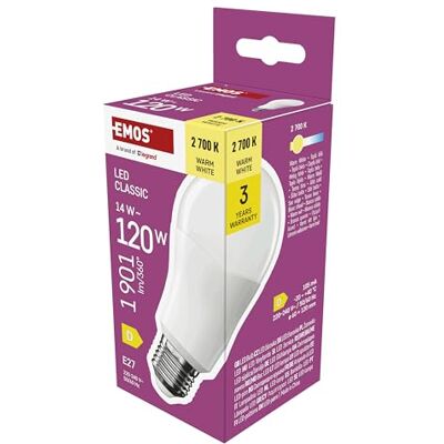 EMOS LED Lampe A60-Birne, 14W Ersatz für 120W Glühbirne klassiche Birne mit E27 Sockel, Helligkeit 1901 lm, Warmweiß 2700 K 30000 h Lebensdauer, CRI min. 80, 180° Abstrahlwinkel EMOS LED Lampe A60-Birne, 14W Ersatz für 120W Glühbirne klassiche Birne mit E27 Sockel, Helligkeit 1901 lm, Warmweiß 2700 K 30000 h Lebensdauer, CRI min. 80, 180° Abstrahlwinkel