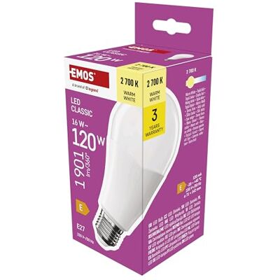 EMOS LED Lampe A70 große Birne, 16W ersetzt 120W Glühbirne, klassiche Birne in größerer Form, E27 Sockel, Helligkeit 1901 lm, Warmweiß 2700 K, 30000 h Lebensdauer, CRI min. 80, 180° Abstrahlwinkel EMOS LED Lampe A70 große Birne, 16W ersetzt 120W Glühbirne, klassiche Birne in größerer Form, E27 Sockel, Helligkeit 1901 lm, Warmweiß 2700 K, 30000 h Lebensdauer, CRI min. 80, 180° Abstrahlwinkel