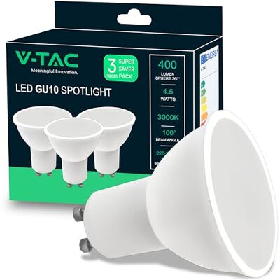 V-TAC 3x LED Glühbirne GU10-4,5W (entspricht 40W) 400Lumen Maximale Effizienz und Energieeinsparung GU10 Spot LED Glühlampen Licht 3000K Warmweiß 3er Pack V-TAC 3x LED Glühbirne GU10-4,5W (entspricht 40W) 400Lumen Maximale Effizienz und Energieeinsparung GU10 Spot LED Glühlampen Licht 3000K Warmweiß 3er Pack