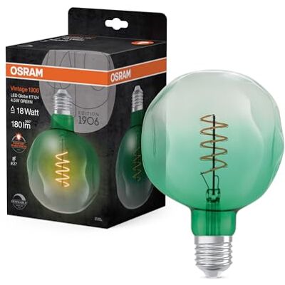 Osram Lamps Vintage 1906 -Lampe grüner Tönung,4,5W,180lm,Kugel-Form 124mm Durchmesser&E27-Sockel Lichtfarbe,spiralförmiges Filament,dimmbar,bis zu 15.000 Stunden Lebensdauer,4058075761858,Grün Osram Lamps Vintage 1906 -Lampe grüner Tönung,4,5W,180lm,Kugel-Form 124mm Durchmesser&E27-Sockel Lichtfarbe,spiralförmiges Filament,dimmbar,bis zu 15.000 Stunden Lebensdauer,4058075761858,Grün