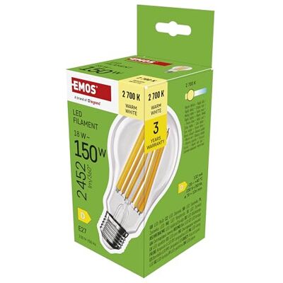 EMOS LED Lampe Edison A70, 18W Ersatz für 150W Glühbirne, Vintage-Glühlampe mit E27 Sockel und Helligkeit 2452 lm, Warmweiß 2700 K, 25000 Stunden Lebensdauer, CRI > 80, 360° Abstrahlwinkel EMOS LED Lampe Edison A70, 18W Ersatz für 150W Glühbirne, Vintage-Glühlampe mit E27 Sockel und Helligkeit 2452 lm, Warmweiß 2700 K, 25000 Stunden Lebensdauer, CRI > 80, 360° Abstrahlwinkel
