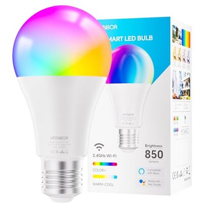 UPXNBOR Smarte Glühbirne E27, 9W, WLAN LED Lampe RGBWW Dimmbare mit 16 Millionen Farben, 850LM, Smart Home Alexa Zubehör, Kompatibel mit Alexa & Google Assistant, 2.4GHz, 1 Stück UPXNBOR Smarte Glühbirne E27, 9W, WLAN LED Lampe RGBWW Dimmbare mit 16 Millionen Farben, 850LM, Smart Home Alexa Zubehör, Kompatibel mit Alexa & Google Assistant, 2.4GHz, 1 Stück