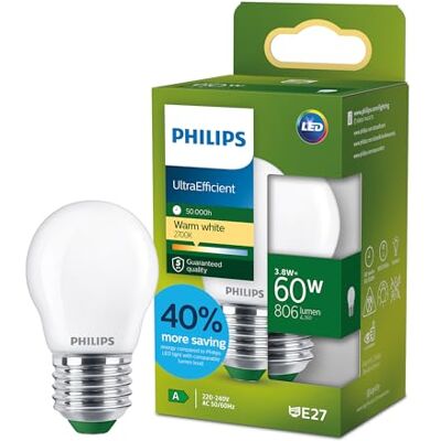 Philips LED UltraEfficient Frosted P45 Glühbirne, E27 Edison-Schraube, Energieklasse A, 806 lm, entspricht 60 W, Warmweiß (2700 K), EyeComfort, 50.000 Stunden, 1 Packung, Weiß Philips LED UltraEfficient Frosted P45 Glühbirne, E27 Edison-Schraube, Energieklasse A, 806 lm, entspricht 60 W, Warmweiß (2700 K), EyeComfort, 50.000 Stunden, 1 Packung, Weiß