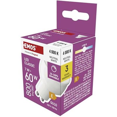 EMOS Dimmbare Spot LED Lampe MR16-7W ersetzt 60W Halogenlampe mit GU10 Sockel Stufenloses Dimmen Helligkeit 800 lm, 4000 K 25000 h Lebensdauer, CRI min. 80, 100° Abstrahlwinkel Neutralweiß EMOS Dimmbare Spot LED Lampe MR16-7W ersetzt 60W Halogenlampe mit GU10 Sockel Stufenloses Dimmen Helligkeit 800 lm, 4000 K 25000 h Lebensdauer, CRI min. 80, 100° Abstrahlwinkel Neutralweiß