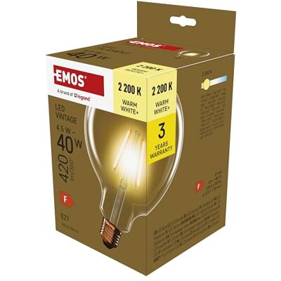 EMOS LED Lampe Vintage Edison Typ G125, 4,5W Ersatz für 40W Glühbirne, Amber Glaskolben mit E27 Sockel, Helligkeit 420 lm, Warmweiß 2200 K, 25000 Stunden Lebensdauer, CRI min. 80, 320° Abstrahlwinkel EMOS LED Lampe Vintage Edison Typ G125, 4,5W Ersatz für 40W Glühbirne, Amber Glaskolben mit E27 Sockel, Helligkeit 420 lm, Warmweiß 2200 K, 25000 Stunden Lebensdauer, CRI min. 80, 320° Abstrahlwinkel