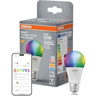 Osram SMART+ LED-Lampe A75 Kolbenform E27 RGBW, Multicolor, dimmbar, Matter over WiFi, App- und Sprachsteuerung, 9,5W, 16 Mio. Farben Osram SMART+ LED-Lampe A75 Kolbenform E27 RGBW, Multicolor, dimmbar, Matter over WiFi, App- und Sprachsteuerung, 9,5W, 16 Mio. Farben