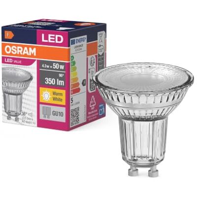 Osram LED Star Value PAR16 LED Lampe für GU10 Sockel, Reflektor-Lampe, GL, 350 Lumen, warmweiß (3000K), Ersatz für herkömmliche 50W Glühbirnen, nicht dimmbar, 10er-Pack Osram LED Star Value PAR16 LED Lampe für GU10 Sockel, Reflektor-Lampe, GL, 350 Lumen, warmweiß (3000K), Ersatz für herkömmliche 50W Glühbirnen, nicht dimmbar, 10er-Pack