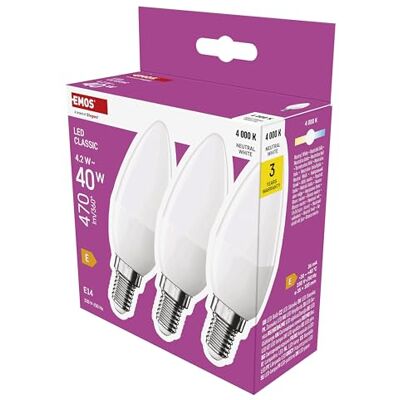 EMOS LED Lampe Candle 3er Pack, 4,2W Ersatz für 40W Glühbirne, Kerzenlampe mit E14 Sockel, Helligkeit 470 lm, Neutralweiß 4000 K, 30000 h Lebensdauer, CRI min. 80, 240° Abstrahlwinkel EMOS LED Lampe Candle 3er Pack, 4,2W Ersatz für 40W Glühbirne, Kerzenlampe mit E14 Sockel, Helligkeit 470 lm, Neutralweiß 4000 K, 30000 h Lebensdauer, CRI min. 80, 240° Abstrahlwinkel