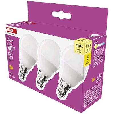 EMOS LED Lampe Mini Globe 3er Pack, 4,2W Ersatz für 40W Glühbirne, kleine Birne mit E14 Sockel, Helligkeit 470 lm, Warmweiß 2700 K, 30000 h Lebensdauer, CRI min. 80, 150° Abstrahlwinkel EMOS LED Lampe Mini Globe 3er Pack, 4,2W Ersatz für 40W Glühbirne, kleine Birne mit E14 Sockel, Helligkeit 470 lm, Warmweiß 2700 K, 30000 h Lebensdauer, CRI min. 80, 150° Abstrahlwinkel