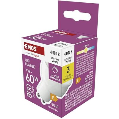 EMOS Dimmbare Spot LED Lampe MR16-7W Ersatz für 60W Halogenlampe mit GU10 Sockel 3-Step-Dimmen Helligkeit 800 lm, 4000 K 25000 h Lebensdauer, CRI min. 80, 100° Abstrahlwinkel Neutralweiß EMOS Dimmbare Spot LED Lampe MR16-7W Ersatz für 60W Halogenlampe mit GU10 Sockel 3-Step-Dimmen Helligkeit 800 lm, 4000 K 25000 h Lebensdauer, CRI min. 80, 100° Abstrahlwinkel Neutralweiß