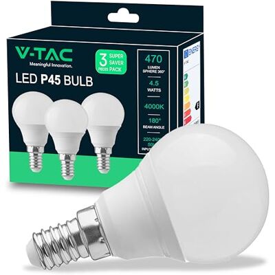 V-TAC 3x LED Glühbirne E14 P45-4,5W (entspricht 40W) 3er Pack 470Lumen LED Glühlampen Energiesparlampe Licht 4000K Neutralweiß, Kaltweiß V-TAC 3x LED Glühbirne E14 P45-4,5W (entspricht 40W) 3er Pack 470Lumen LED Glühlampen Energiesparlampe Licht 4000K Neutralweiß, Kaltweiß