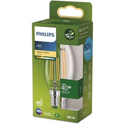 Philips Classic ultraeffiziente LED-Lampe mit Energieeffizienzklasse A, ersetzt 40W, E14 Sockel, Kerze, klar, warmweißes Licht (2700K), 1er Pack, neue Generation, Warmweiß Philips Classic ultraeffiziente LED-Lampe mit Energieeffizienzklasse A, ersetzt 40W, E14 Sockel, Kerze, klar, warmweißes Licht (2700K), 1er Pack, neue Generation, Warmweiß