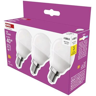 EMOS LED Lampe Mini Globe 3er Pack 4,2W Ersatz für 40W Glühbirne kleine Birne mit E14 Sockel, Helligkeit 470 lm, Neutralweiß 4000 K 30000 h Lebensdauer, CRI min. 80-150° Abstrahlwinkel EMOS LED Lampe Mini Globe 3er Pack 4,2W Ersatz für 40W Glühbirne kleine Birne mit E14 Sockel, Helligkeit 470 lm, Neutralweiß 4000 K 30000 h Lebensdauer, CRI min. 80-150° Abstrahlwinkel