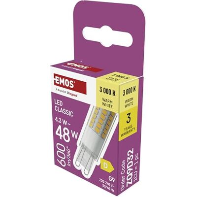 EMOS G9 LED Lampe CLASSIC 4,3 Watt, ersetzt 48 Watt Halogenlampe G9 Pin Lampe JC mit Helligkeit 600 Lumen Warmweiß 3000 Kelvin langlebig 30000 Stunden 300° Abstrahlwinkel SMD LEDs EMOS G9 LED Lampe CLASSIC 4,3 Watt, ersetzt 48 Watt Halogenlampe G9 Pin Lampe JC mit Helligkeit 600 Lumen Warmweiß 3000 Kelvin langlebig 30000 Stunden 300° Abstrahlwinkel SMD LEDs