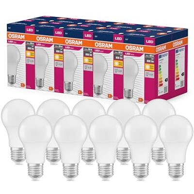 Osram LED Star Value Classic A60 LED Lampe für E27 Sockel, Birnenform, FR, 806 Lumen, warmweiß (2700K), Ersatz für herkömmliche 60W Glühbirnen, nicht dimmbar, 10er-Pack, White Osram LED Star Value Classic A60 LED Lampe für E27 Sockel, Birnenform, FR, 806 Lumen, warmweiß (2700K), Ersatz für herkömmliche 60W Glühbirnen, nicht dimmbar, 10er-Pack, White