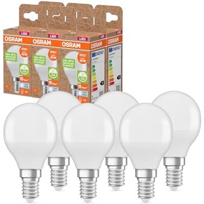 Osram LED STAR CLASSIC P 40 FR LED-Lampe, E14, klassische Miniballform, weiß, 4,9W, 470lm, 4000K, kaltweißes Licht, sehr geringer Energieverbrauch, mit recyceltem Kunststoff, 6 Pack Osram LED STAR CLASSIC P 40 FR LED-Lampe, E14, klassische Miniballform, weiß, 4,9W, 470lm, 4000K, kaltweißes Licht, sehr geringer Energieverbrauch, mit recyceltem Kunststoff, 6 Pack
