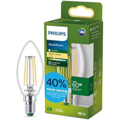 Philips LED UltraEfficient LED Lampe in Kerzenform, klar mit Glühfaden, E14-Sockel, Energieklasse A, 806 lm, entspricht 60 W, Warmweiß (2700 K), EyeComfort, 50.000 Std Lebensdauer, 1er Pack Philips LED UltraEfficient LED Lampe in Kerzenform, klar mit Glühfaden, E14-Sockel, Energieklasse A, 806 lm, entspricht 60 W, Warmweiß (2700 K), EyeComfort, 50.000 Std Lebensdauer, 1er Pack