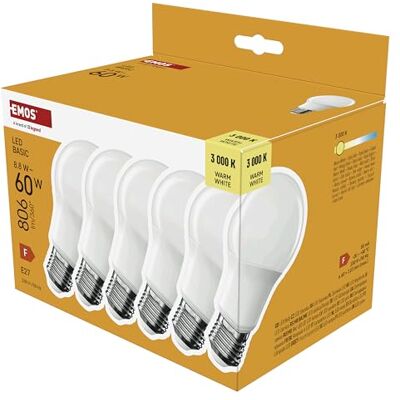 EMOS LED-Lampe BASIC A60, 6er Pack E27 Sockel Warmweiß 806 lm 8,8W (Ersatz für 60W Glühbirne) Lebensdauer 20 000 Stunden Abstrahlwinkel 200° CRI min. 80 EMOS LED-Lampe BASIC A60, 6er Pack E27 Sockel Warmweiß 806 lm 8,8W (Ersatz für 60W Glühbirne) Lebensdauer 20 000 Stunden Abstrahlwinkel 200° CRI min. 80