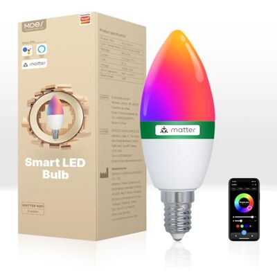 MOES Smart Glühbirne Matter E14, WLAN Alexa LED Lampe RGBCW, WW, mit Dimmbar, Musiksynchronisation, 16 Millionen Farben, kompatibel mit Apple HomeKit, SmartThings, Alexa, Google Home MOES Smart Glühbirne Matter E14, WLAN Alexa LED Lampe RGBCW, WW, mit Dimmbar, Musiksynchronisation, 16 Millionen Farben, kompatibel mit Apple HomeKit, SmartThings, Alexa, Google Home