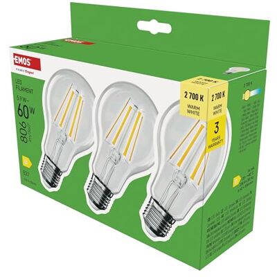 EMOS LED Lampe Edison A60 3er Pack, 5,9W Ersatz für 60W Glühbirne klare Vintage-Glühlampe mit E27 Sockel, Helligkeit 806 lm, Warmweiß 2700 K 25000 h Lebensdauer 360° Abstrahlwinkel EMOS LED Lampe Edison A60 3er Pack, 5,9W Ersatz für 60W Glühbirne klare Vintage-Glühlampe mit E27 Sockel, Helligkeit 806 lm, Warmweiß 2700 K 25000 h Lebensdauer 360° Abstrahlwinkel