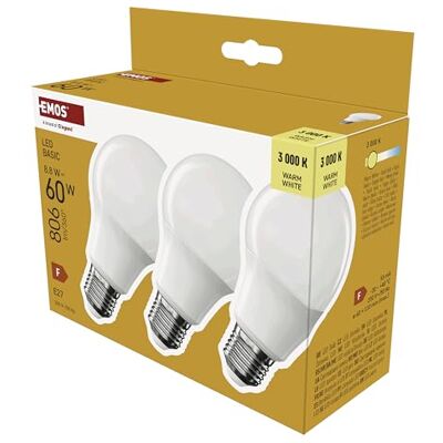 EMOS LED-Lampe BASIC A60, 3er Pack E27 Sockel Warmweiß 806 lm 8,8W (Ersatz für 60W Glühbirne) Lebensdauer 20 000 Stunden Abstrahlwinkel 200° CRI min. 80 EMOS LED-Lampe BASIC A60, 3er Pack E27 Sockel Warmweiß 806 lm 8,8W (Ersatz für 60W Glühbirne) Lebensdauer 20 000 Stunden Abstrahlwinkel 200° CRI min. 80