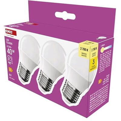 EMOS LED Lampe Mini Globe 3er Pack, 4,2W Ersatz für 40W Glühbirne, kleine Birne mit E27 Sockel, Helligkeit 470 lm, Warmweiß 2700 K, 30000 h Lebensdauer, CRI min. 80, 150° Abstrahlwinkel EMOS LED Lampe Mini Globe 3er Pack, 4,2W Ersatz für 40W Glühbirne, kleine Birne mit E27 Sockel, Helligkeit 470 lm, Warmweiß 2700 K, 30000 h Lebensdauer, CRI min. 80, 150° Abstrahlwinkel