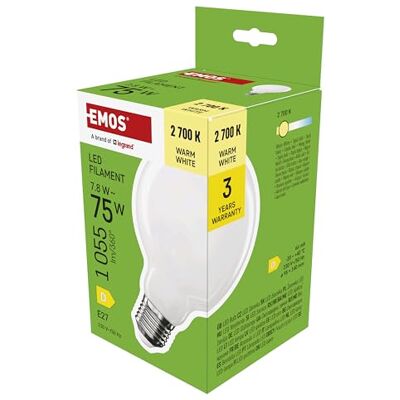 EMOS LED Lampe Edison G95, 7,8W Ersatz für 75W Glühbirne, milchige Glühlampe Globus mit E27 Sockel und Helligkeit 1055 lm, Warmweiß 2700 K, 25000 Stunden Lebensdauer, CRI > 80, 360° Abstrahlwinkel EMOS LED Lampe Edison G95, 7,8W Ersatz für 75W Glühbirne, milchige Glühlampe Globus mit E27 Sockel und Helligkeit 1055 lm, Warmweiß 2700 K, 25000 Stunden Lebensdauer, CRI > 80, 360° Abstrahlwinkel
