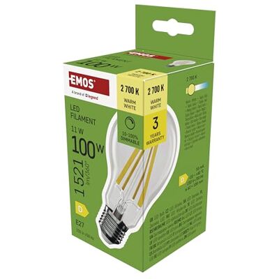 EMOS Dimmbare Edison LED Lampe Filament A60-11W, ersetzt 100W Glühbirne Vintage-Stil mit E27 Sockel Helligkeit 1521 lm, 2700 K 25000 h Lebensdauer, CRI 80, 320° Abstrahlwinkel Warmweiß EMOS Dimmbare Edison LED Lampe Filament A60-11W, ersetzt 100W Glühbirne Vintage-Stil mit E27 Sockel Helligkeit 1521 lm, 2700 K 25000 h Lebensdauer, CRI 80, 320° Abstrahlwinkel Warmweiß