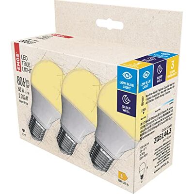 EMOS LED Lampe TRUE LIGHT A60-Form 7,2W, Ersatz für 60W Glühbirne, E27 Sockel, Helligkeit 806 lm, Warmweiß 2700 K, 30000 Stunden Leuchtdauer, CRI min. 94, 180° Abstrahlwinkel, 3 Stück EMOS LED Lampe TRUE LIGHT A60-Form 7,2W, Ersatz für 60W Glühbirne, E27 Sockel, Helligkeit 806 lm, Warmweiß 2700 K, 30000 Stunden Leuchtdauer, CRI min. 94, 180° Abstrahlwinkel, 3 Stück